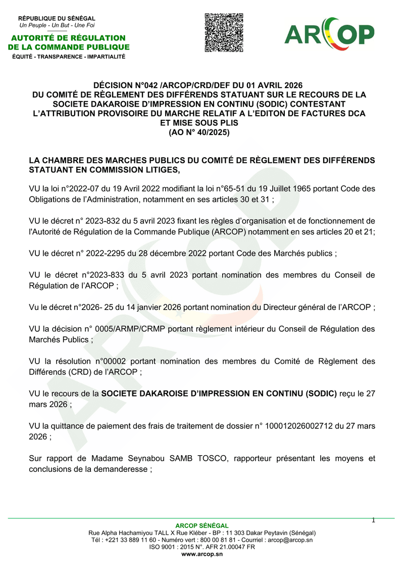 Décision ARCOP sur le recours de la SODIC contre l’attribution du marché d’édition de factures DCA –