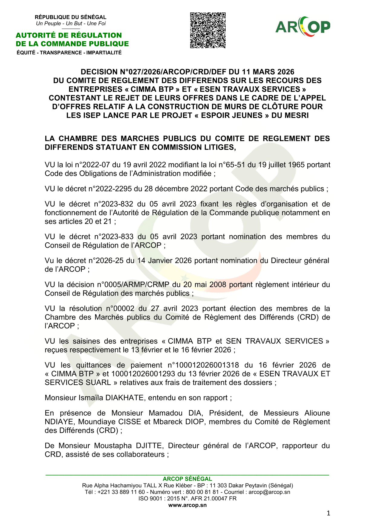 Décision n°027/2026 sur les recours de CIMMA BTP et ESEN Travaux Services relatifs au rejet d’offres pour la construction de murs de clôture des ISEP au Sénégal – ARCOP