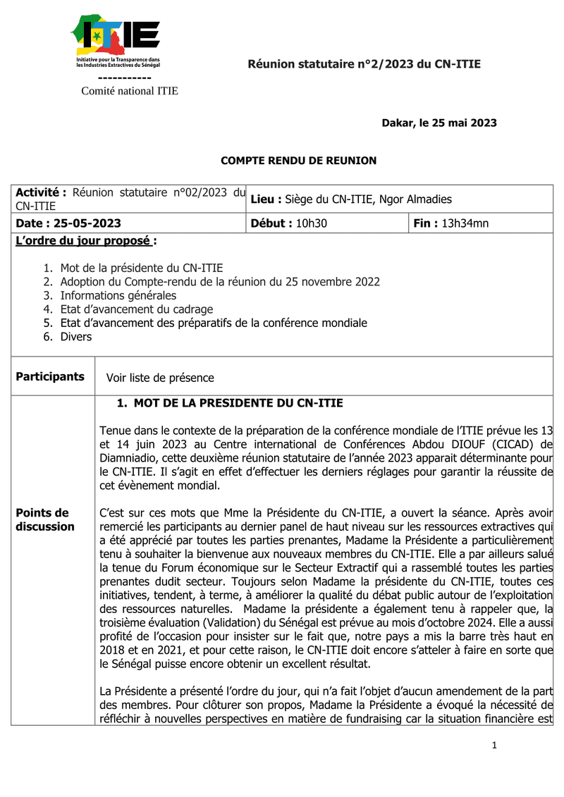 Compte rendu de la réunion statutaire n°2/2023 du 25 mai 2023 sur le Rapport ITIE 2022 et la Validation du Sénégal – Comité national ITIE du Sénégal