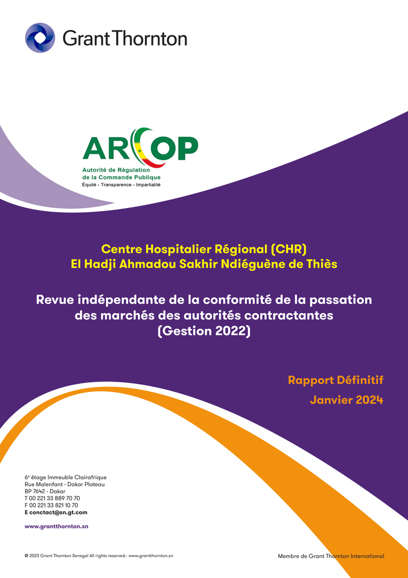 Rapport définitif d’audit de conformité des marchés publics du Centre Hospitalier Régional El Hadji Ahmadou Sakhir Ndiéguène de Thiès, gestion 2022 – ARCOP