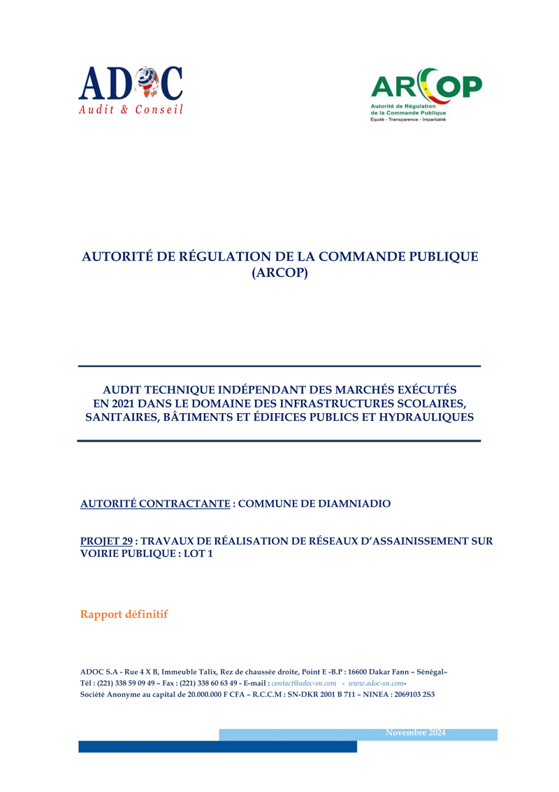 Audit technique des réseaux d’assainissement sur voirie publique à Diamniadio, lot 1 – ARCOP
