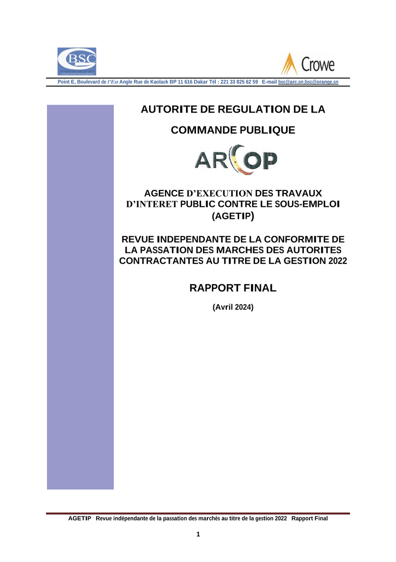 Revue indépendante de la passation des marchés de l’AGETIP au titre de la gestion 2022 – ARCOP