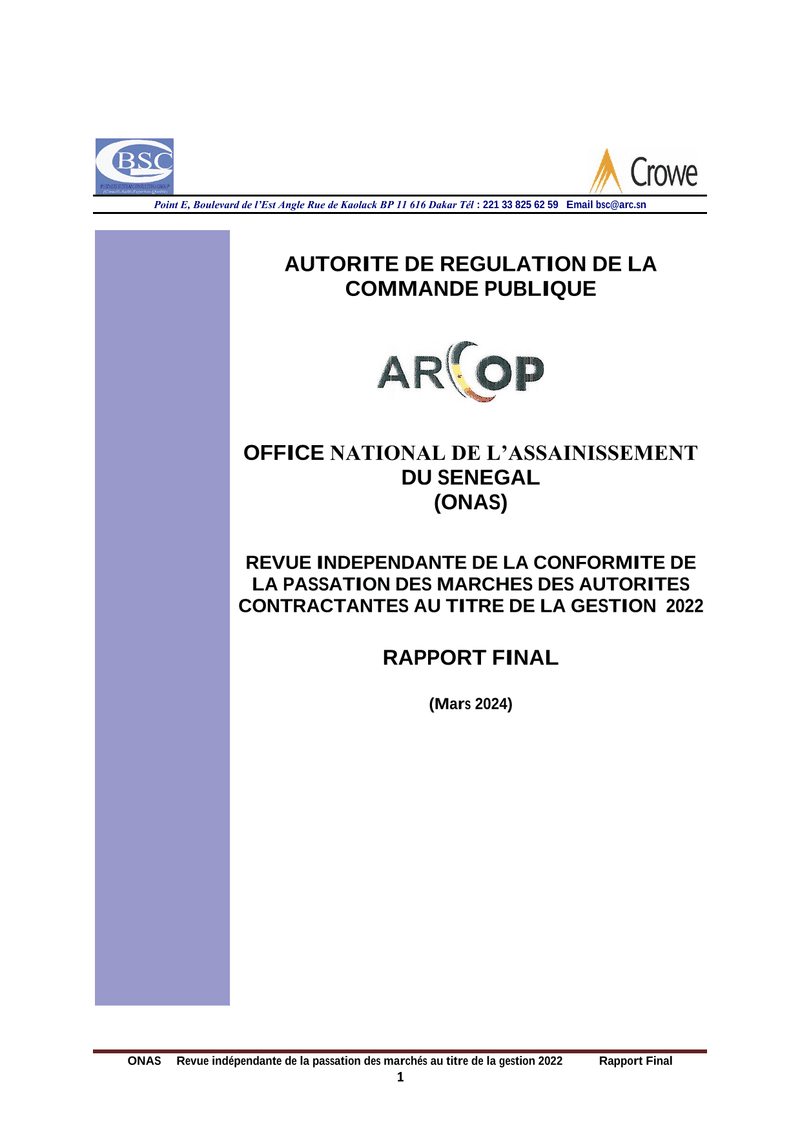 Rapport final d’audit de conformité des marchés publics de la gestion 2022 de l’Office national de l’assainissement du Sénégal (ONAS) – ARCOP