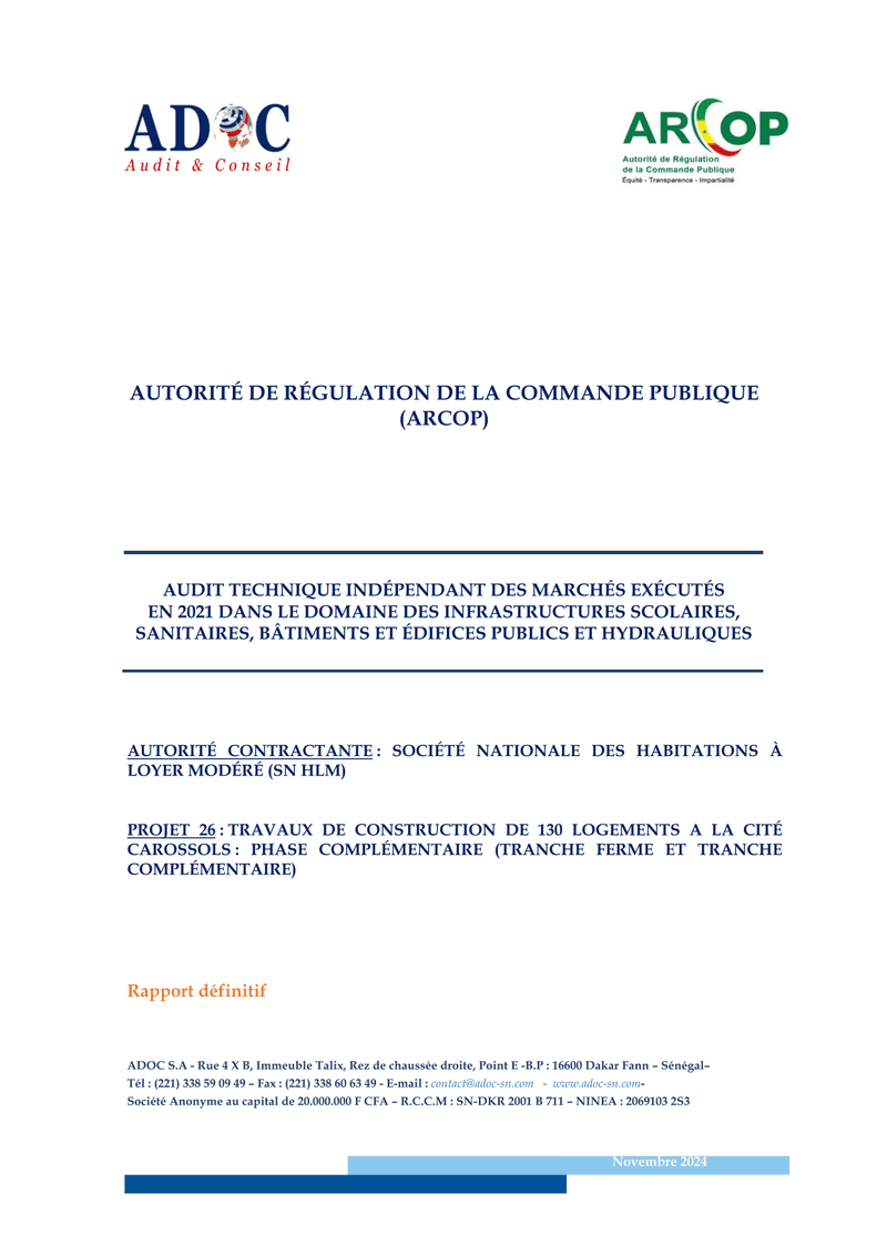 Audit technique du projet de 130 logements à la cité Carossols, Niakhirate (Rufisque) – ARCOP