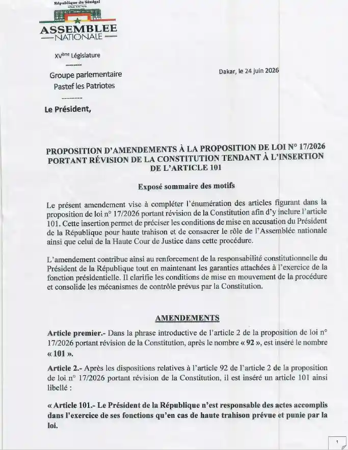 Rapport Commission et Amendements sur la proposition de loi n°17/2026 portant révision de la Constitution du Sénégal