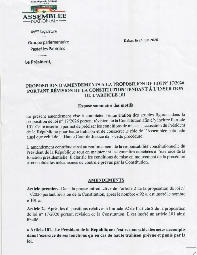 Rapport Commission et Amendements sur la proposition de loi n°17/2026 portant révision de la Constitution du Sénégal