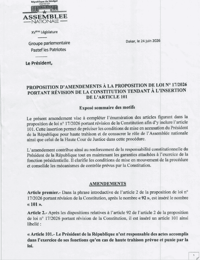 Rapport Commission et Amendements sur la proposition de loi n°17/2026 portant révision de la Constitution du Sénégal