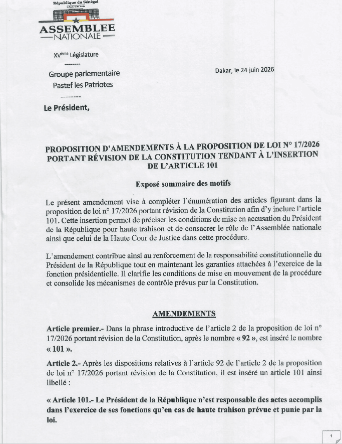 Rapport Commission et Amendements sur la proposition de loi n°17/2026 portant révision de la Constitution du Sénégal