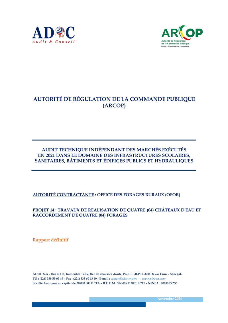 Rapport définitif d’audit technique indépendant sur le marché de réalisation de quatre châteaux d’eau et raccordement de quatre forages de l’OFOR – ARCOP