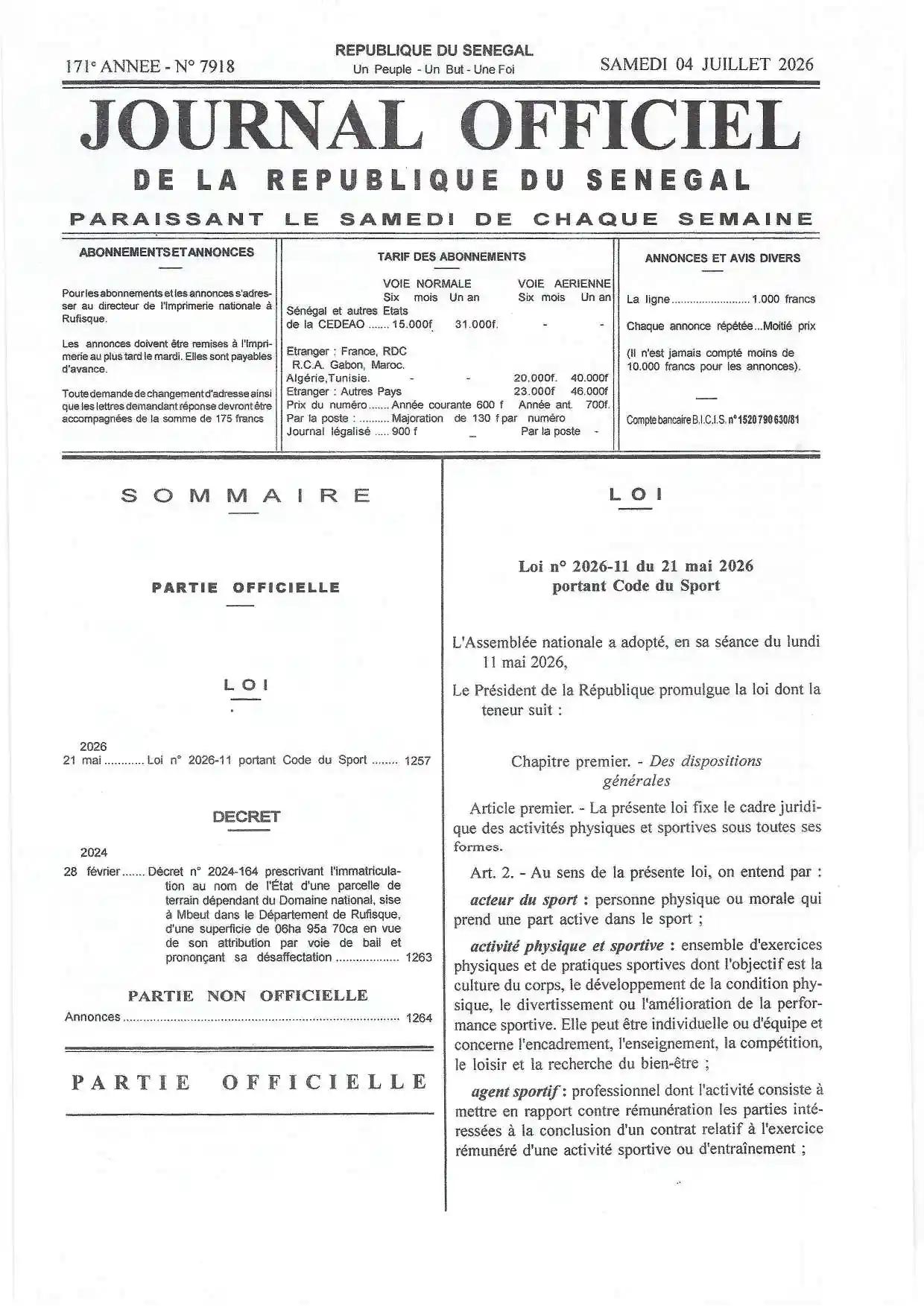 Journal Officiel N° 7918 du 04 juillet 2026 - République du Sénégal