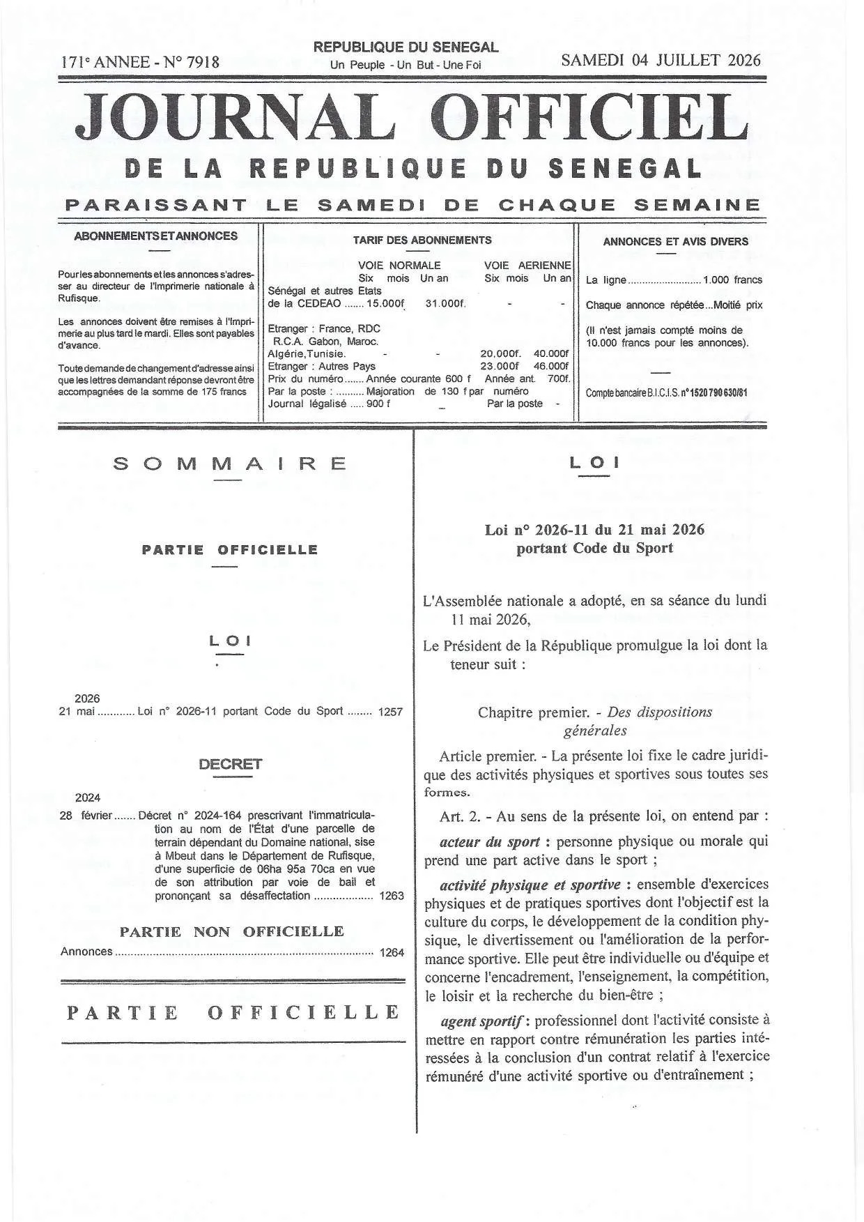 Journal Officiel N° 7918 du 04 juillet 2026 - République du Sénégal 