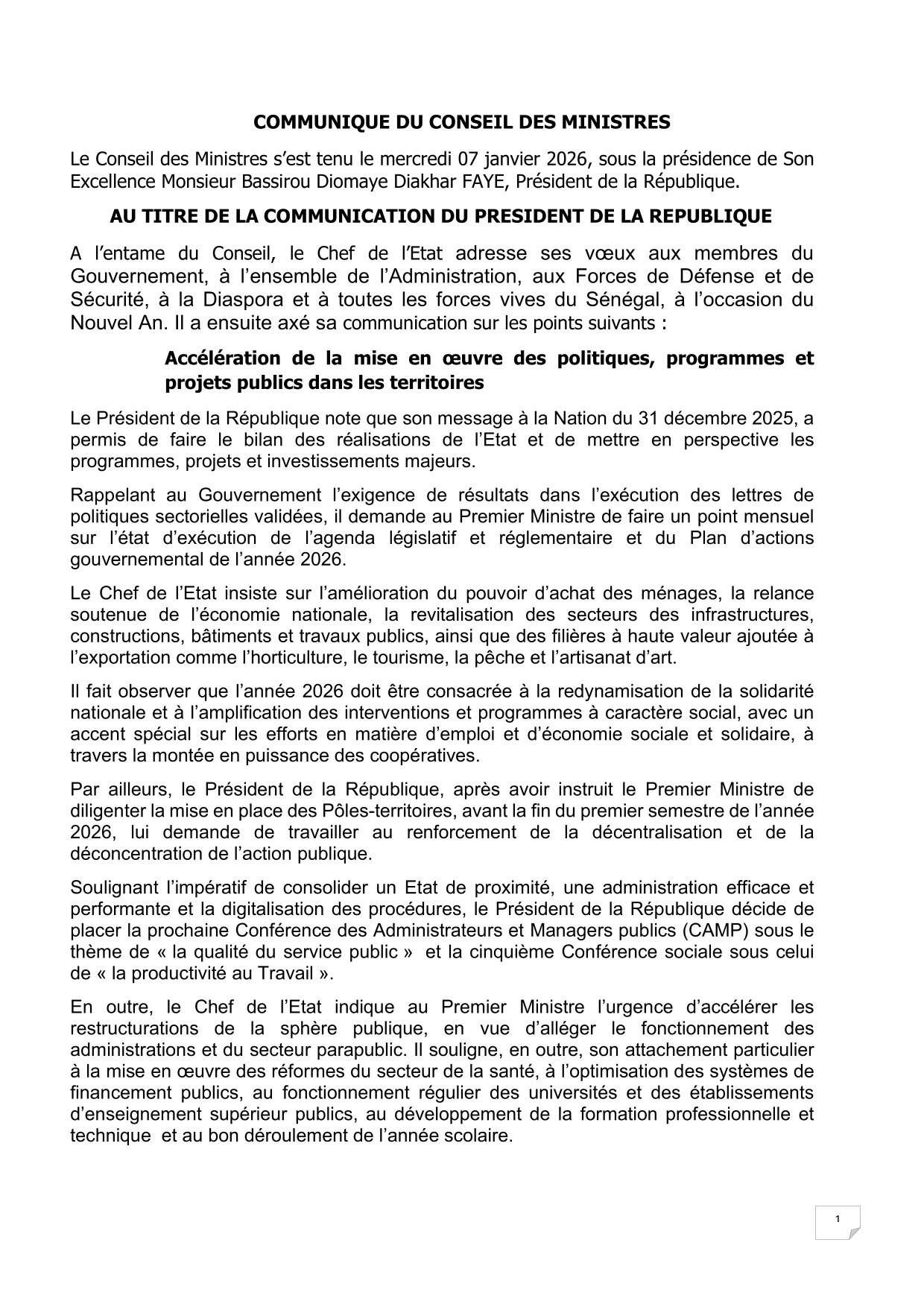 Conseil des Ministres du 07 janvier 2026