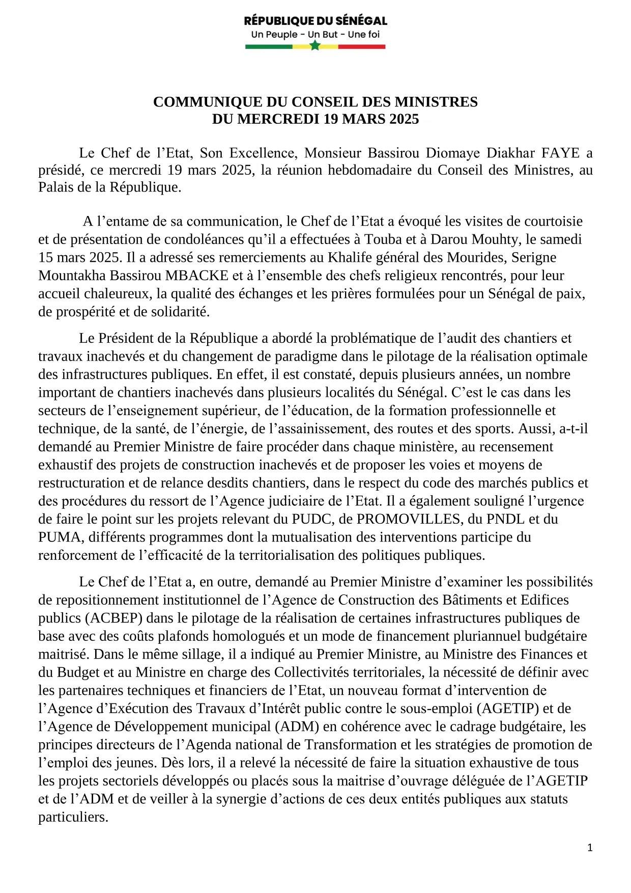 Conseil des ministres du 19 mars 2025