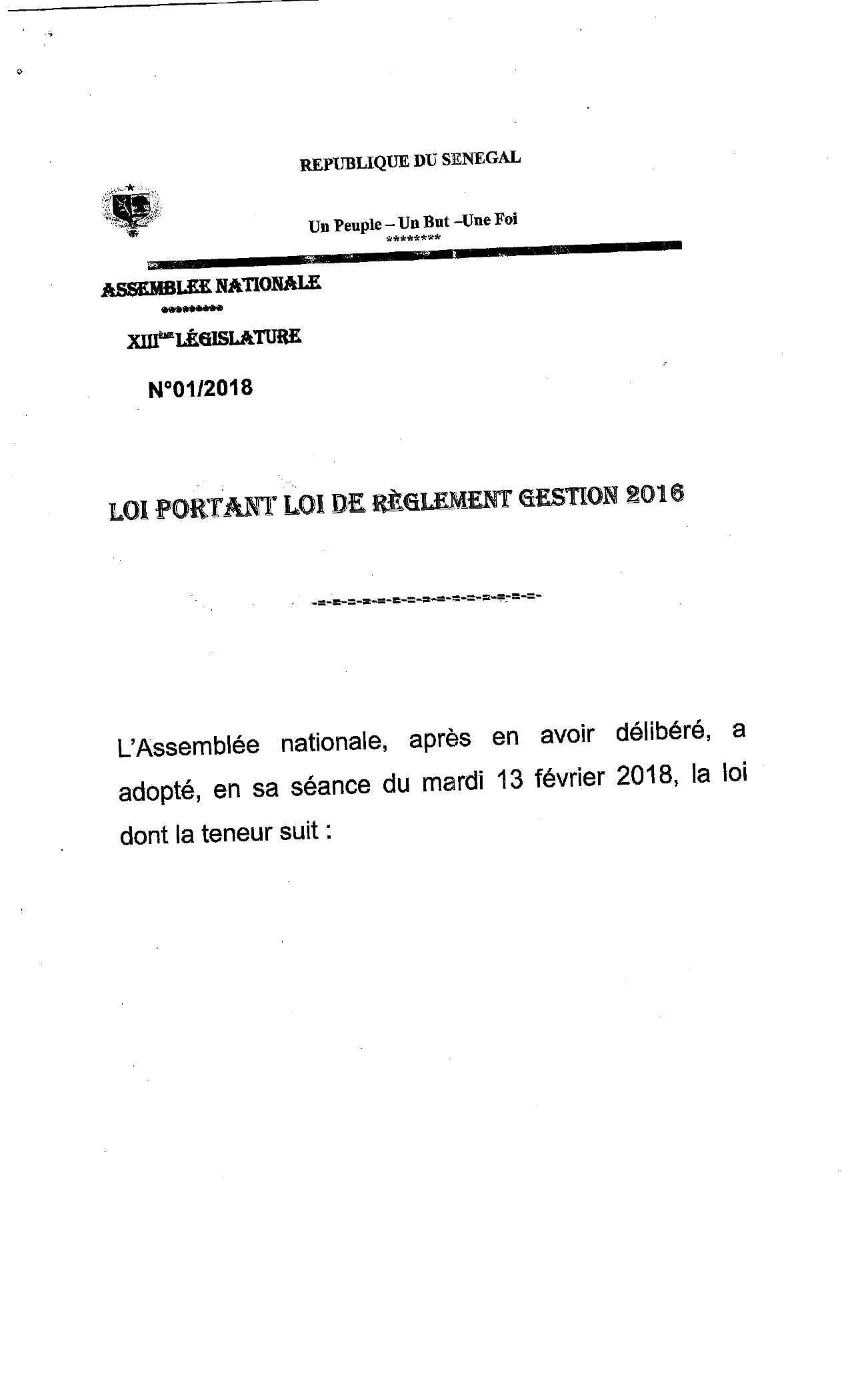 Loi portant loi de règlement gestion 2016