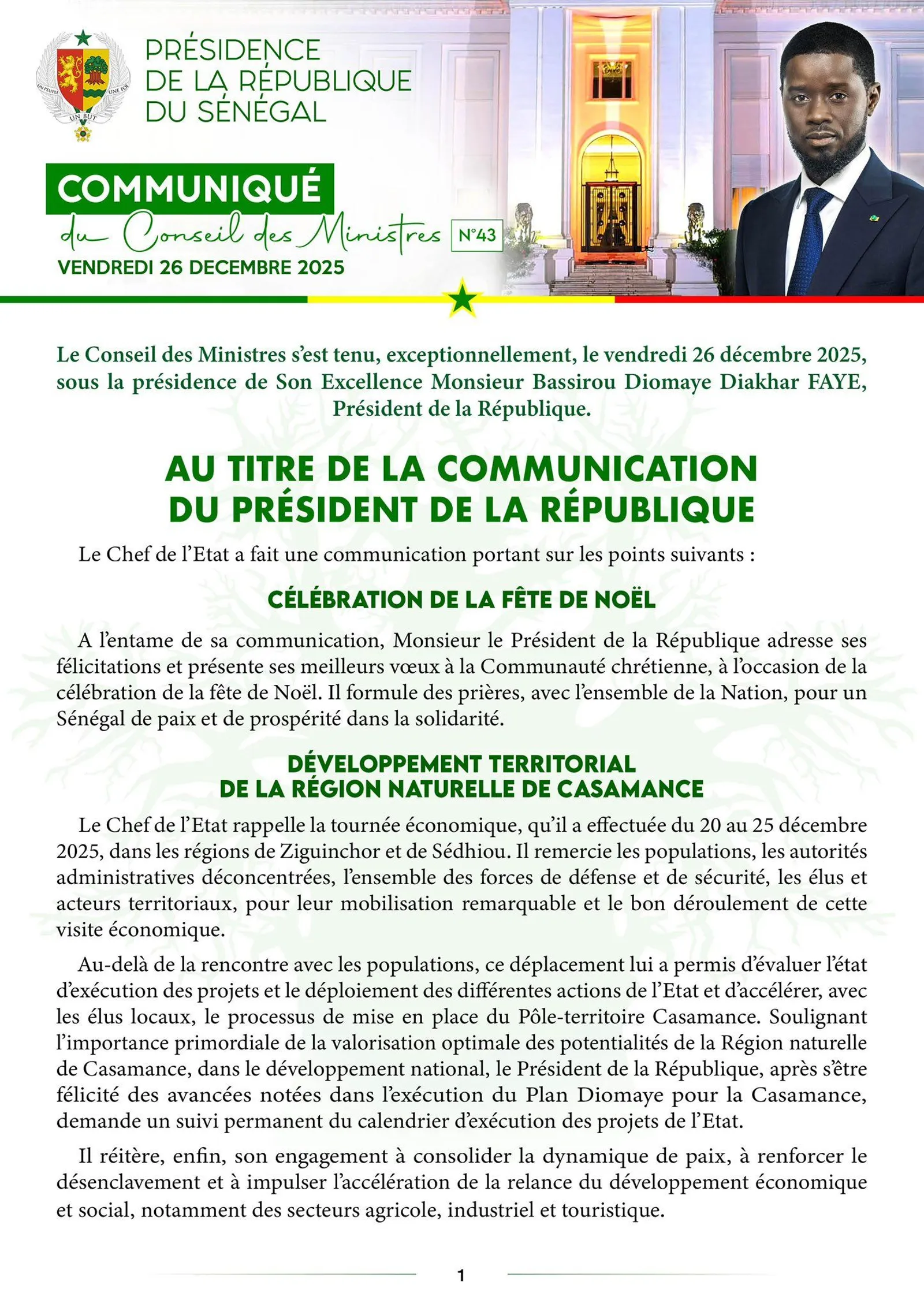 Conseil des Ministres du 26 décembre 2025