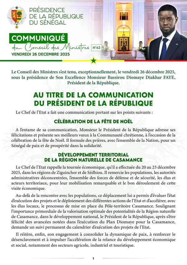 Conseil des Ministres du 26 décembre 2025