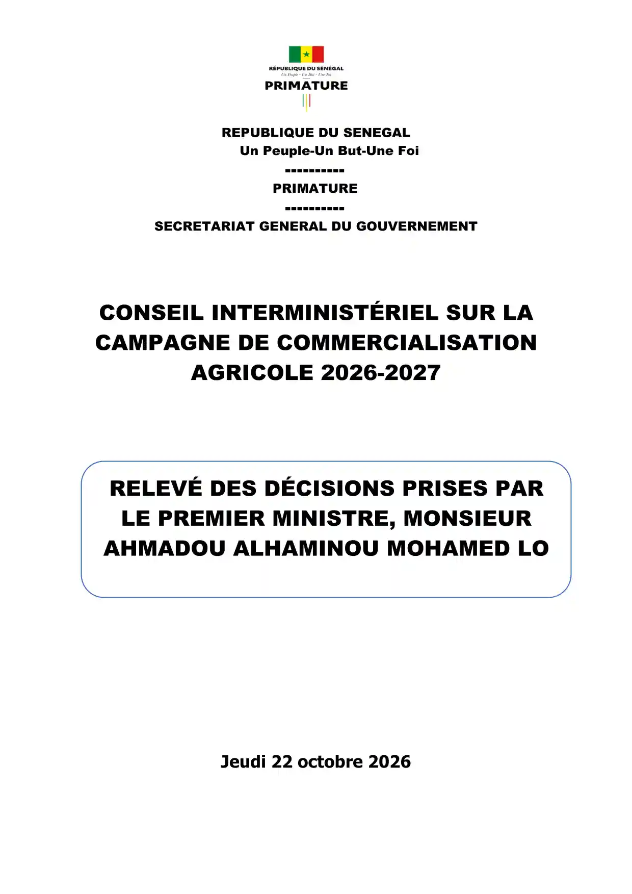 Aperçu Relevé des décisions du Conseil interministériel sur la campagne de commercialisation agricole 2026-2027 – Primature, 22 octobre 2026