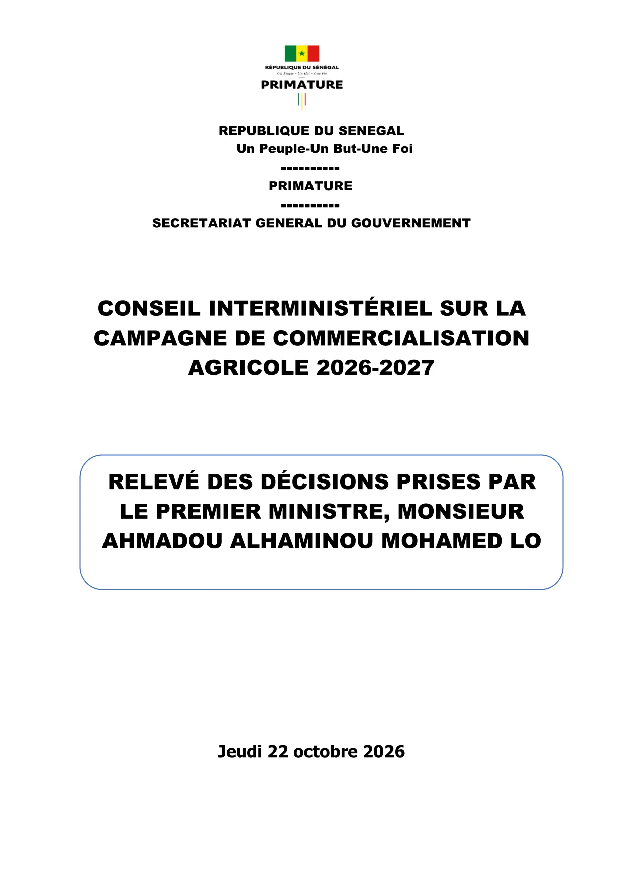 Relevé des décisions du Conseil interministériel sur la campagne de commercialisation agricole 2026-2027 – Primature, 22 octobre 2026