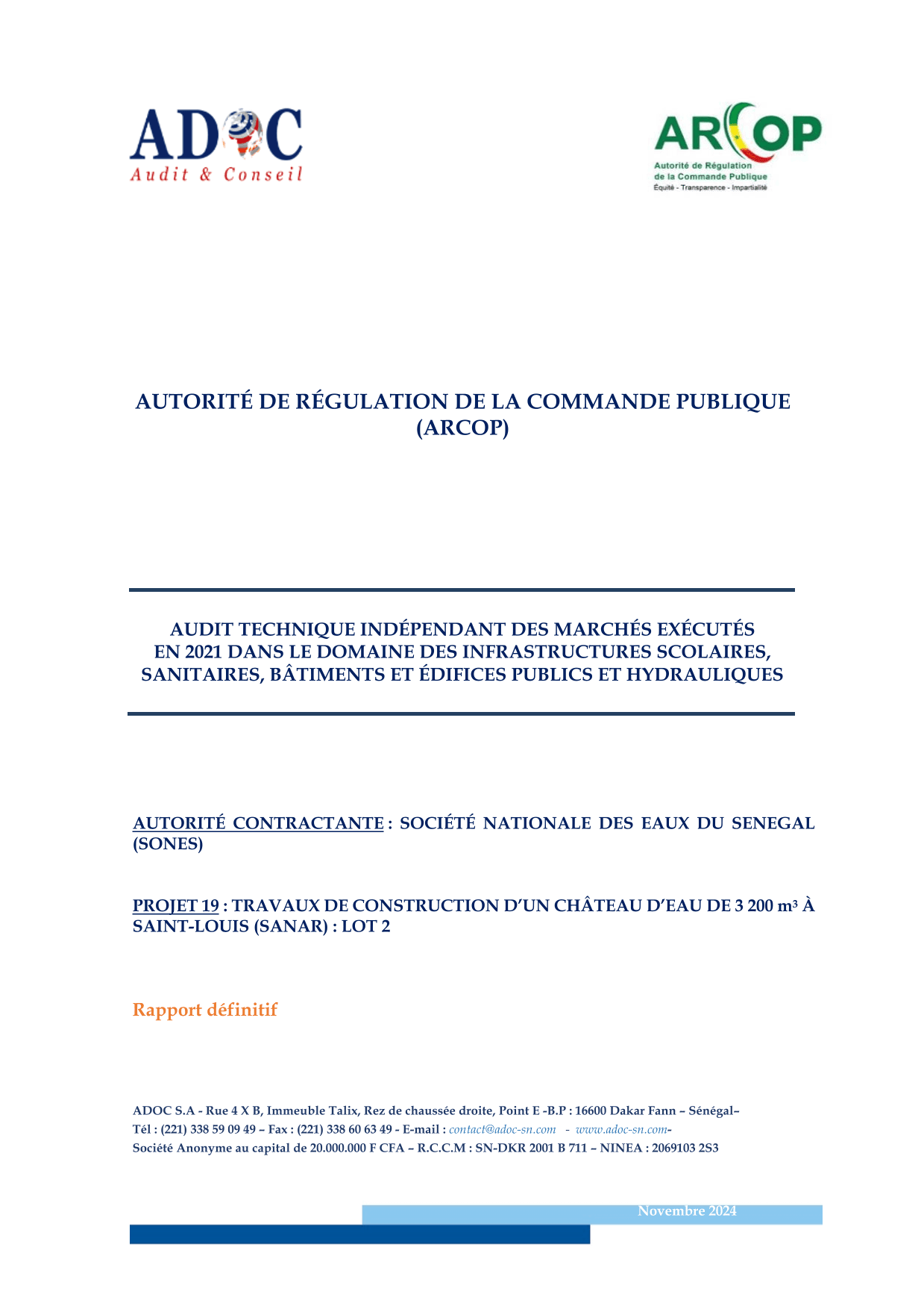 Rapport définitif d’audit technique indépendant sur les travaux de construction d’un château d’eau de 3 200 m³ à Saint-Louis (Sanar) – ARCOP