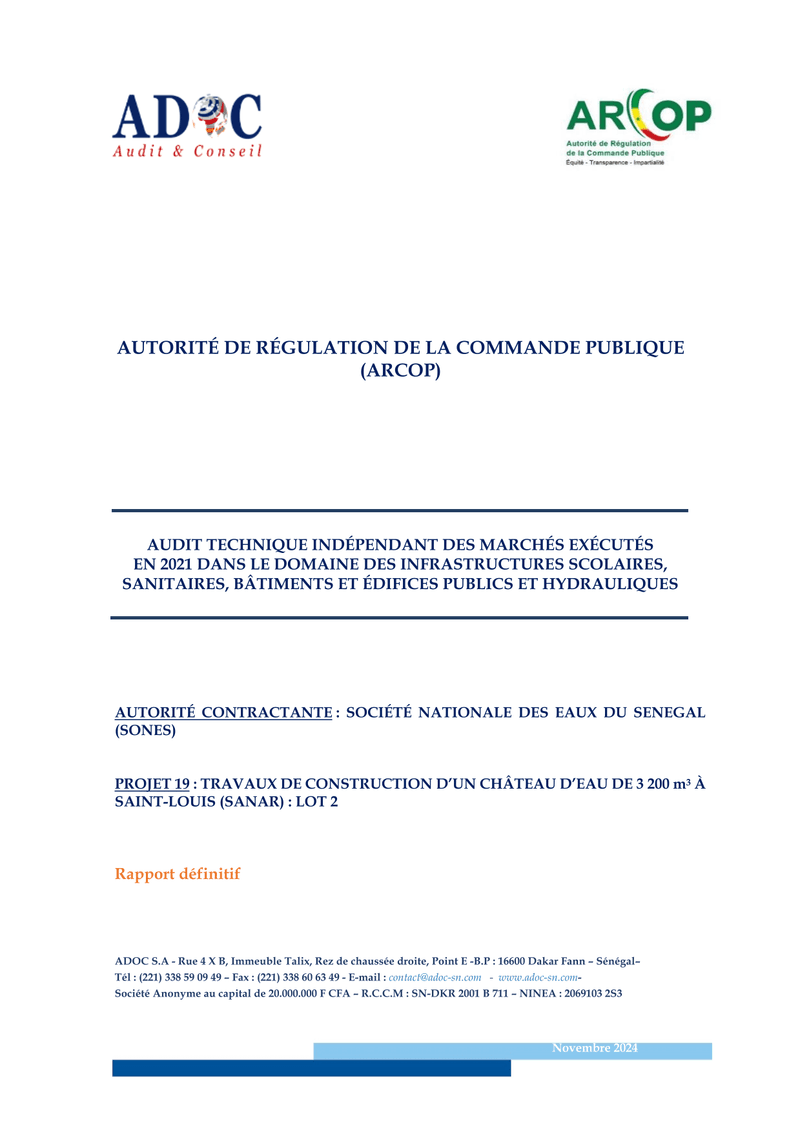 Rapport définitif d’audit technique indépendant sur les travaux de construction d’un château d’eau de 3 200 m³ à Saint-Louis (Sanar) – ARCOP