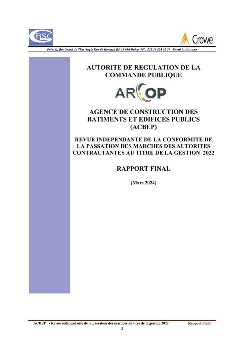 Revue indépendante de la passation des marchés de l’ACBEP pour la gestion 2022 – ARCOP