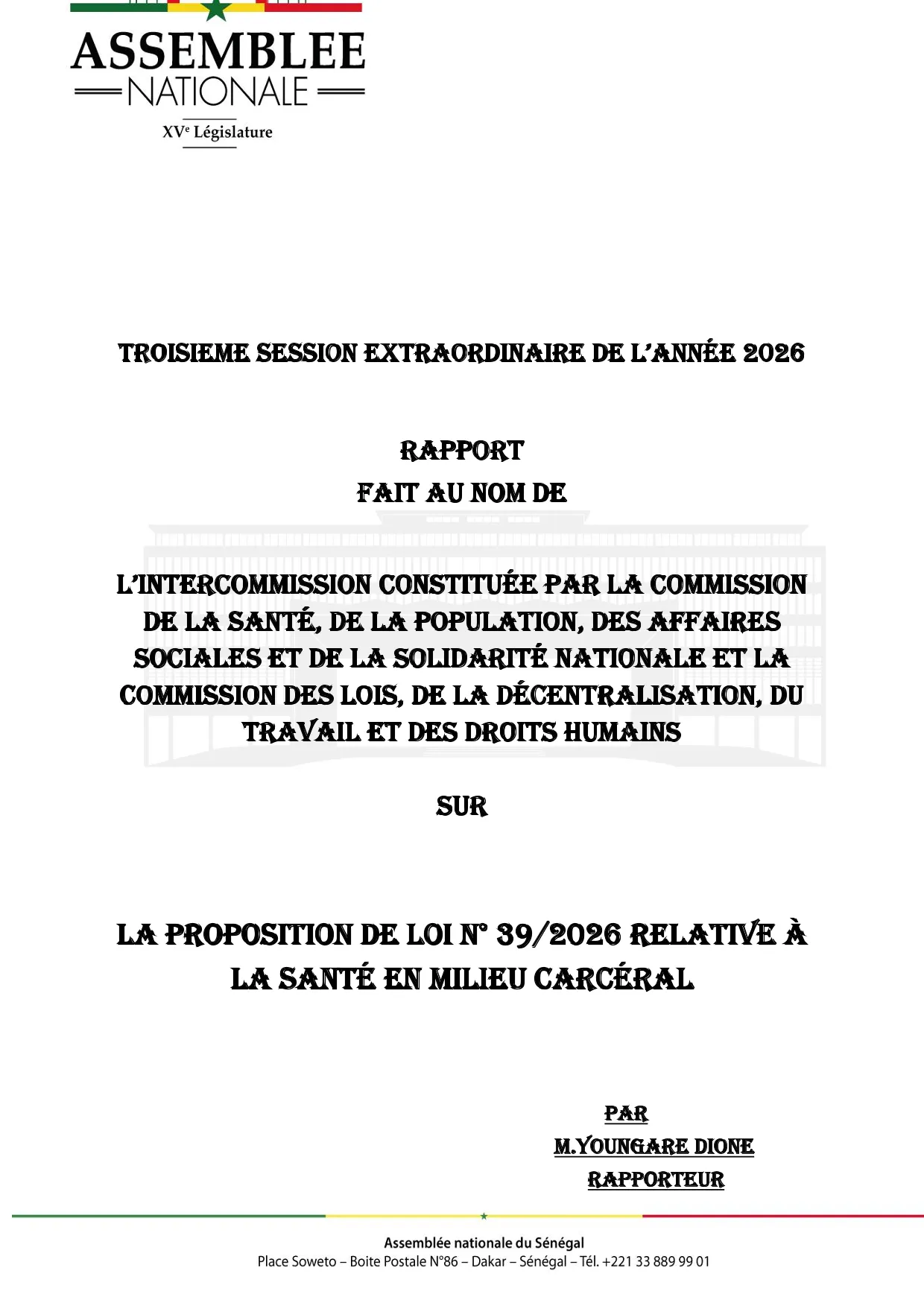 Rapport sur la proposition de loi n°39/2026 relative à la santé en milieu carcéral – Assemblée nationale du Sénégal (2026)