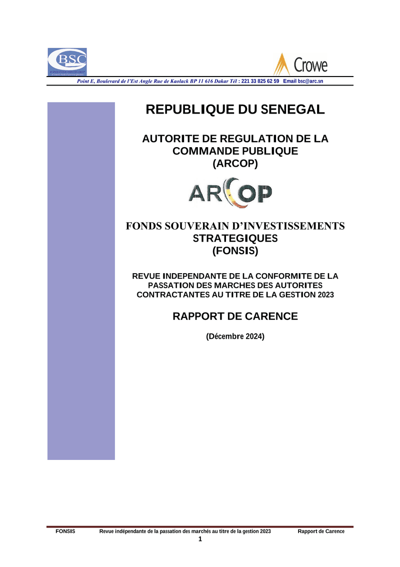 Rapport de carence du 12 décembre 2024 sur la revue indépendante de la passation des marchés du FONSIS pour la gestion 2023 – ARCOP