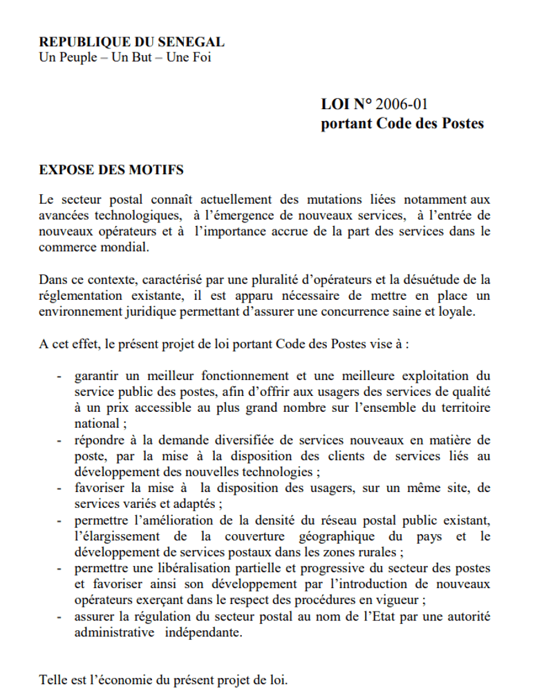 Code des Postes - Loi n° 2006-01