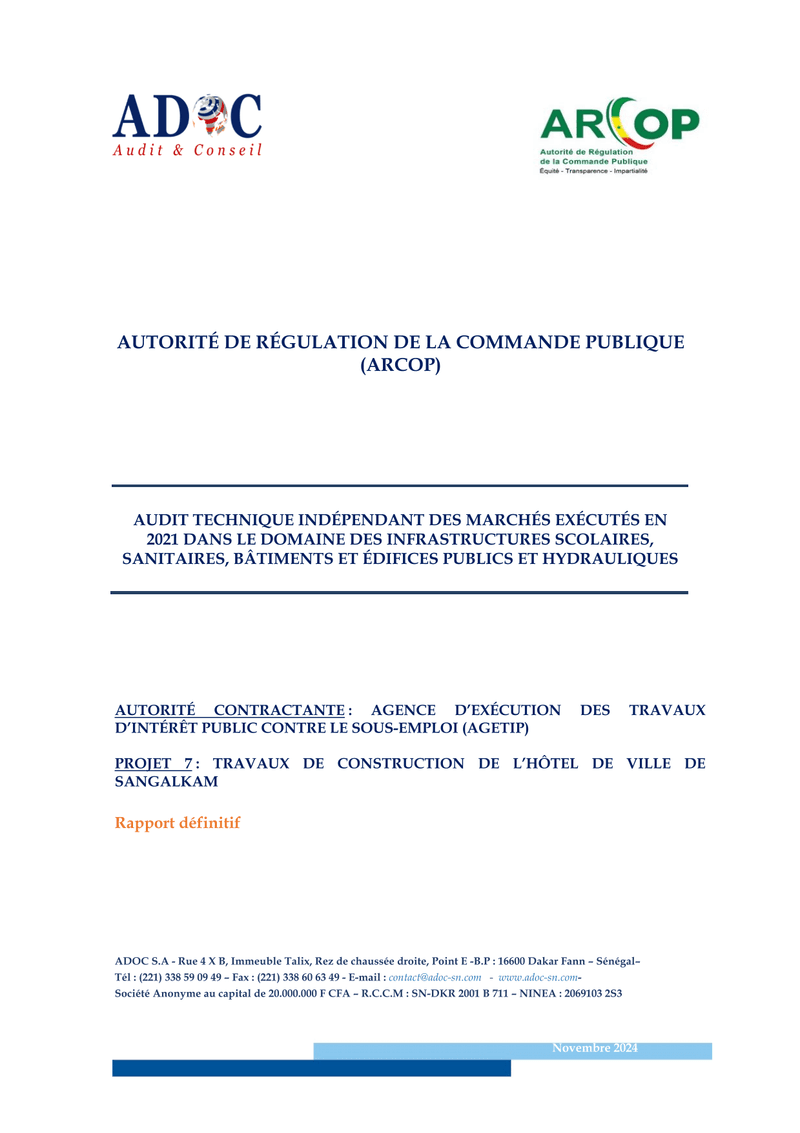 Audit technique indépendant des travaux de construction de l’hôtel de ville de Sangalkam – ARCOP