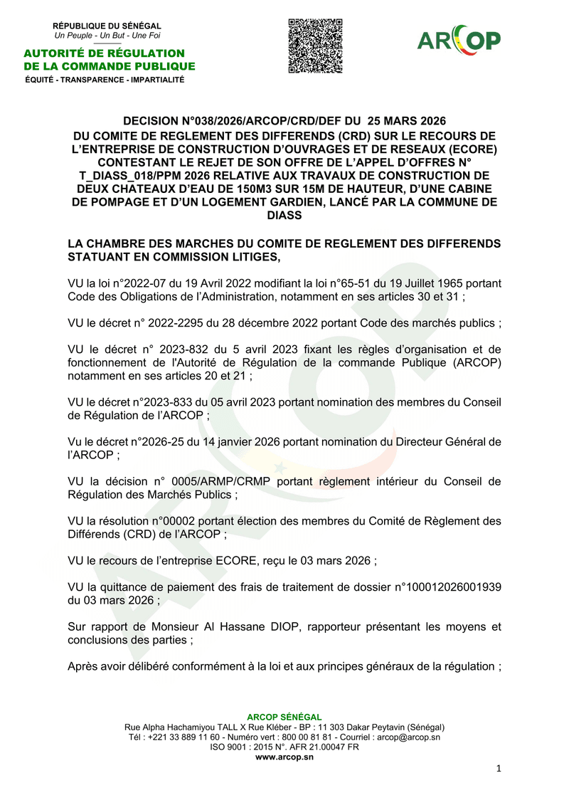 Décision n°038/2026/ARCOP/CRD/DEF sur le recours de l’entreprise ECORE contre le rejet de son offre 