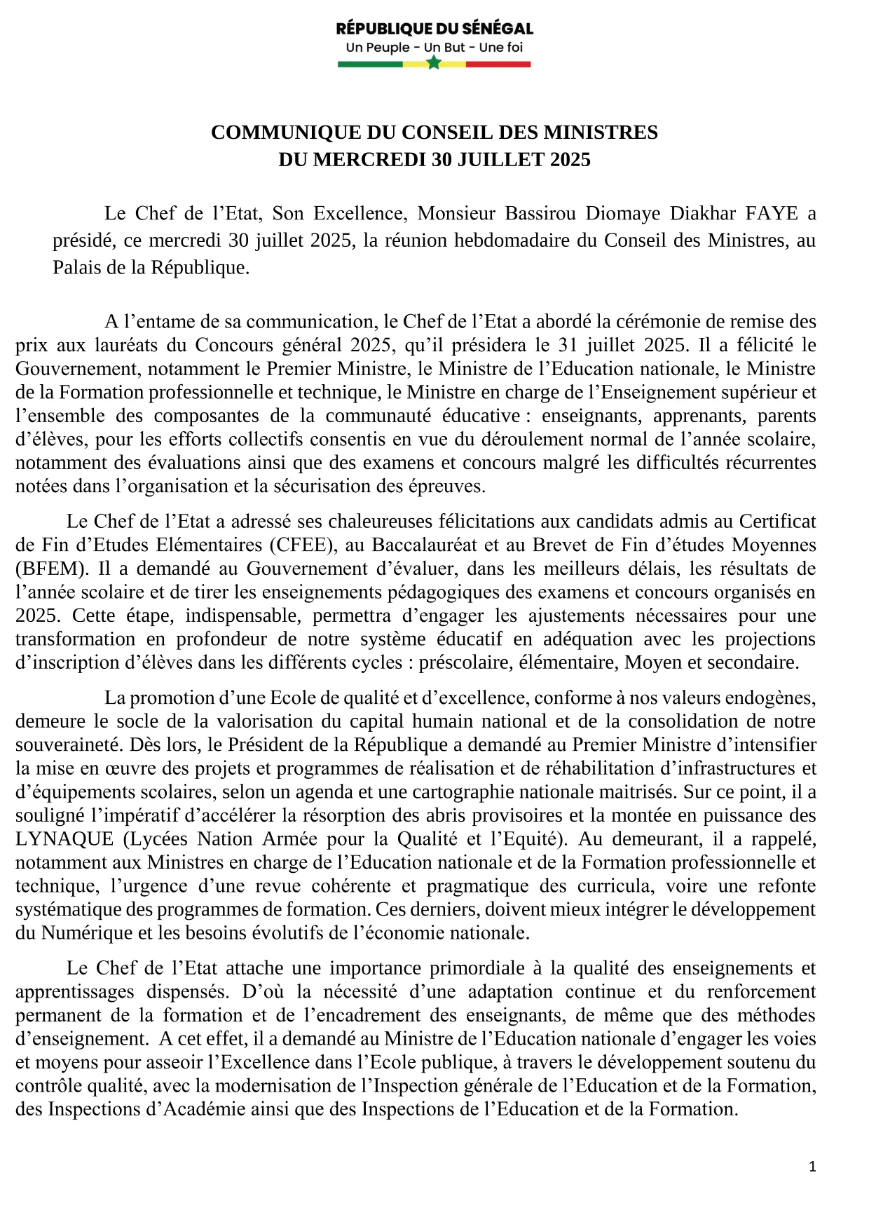 Conseil des ministres du 30 Juillet 2025
