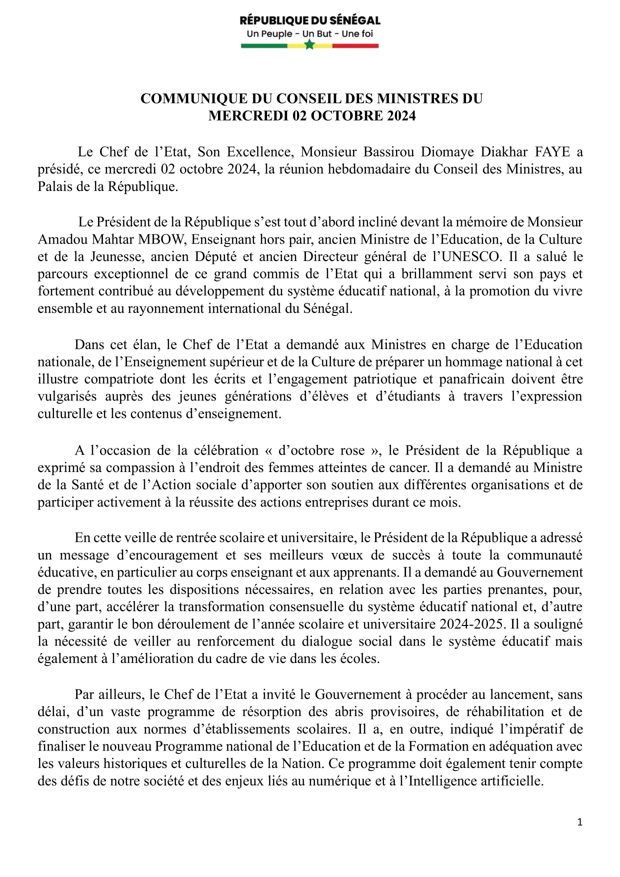 Conseil des ministres du 02 octobre 2024