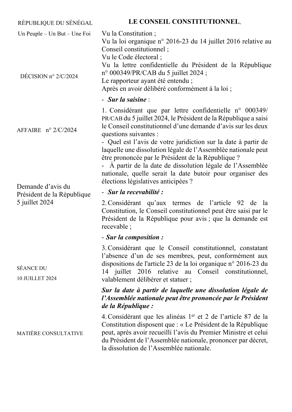 Décision n° 2/C/2024 du 10 juillet 2024 sur la dissolution de l’Assemblée nationale et les élections législatives anticipées – Conseil constitutionnel du Sénégal