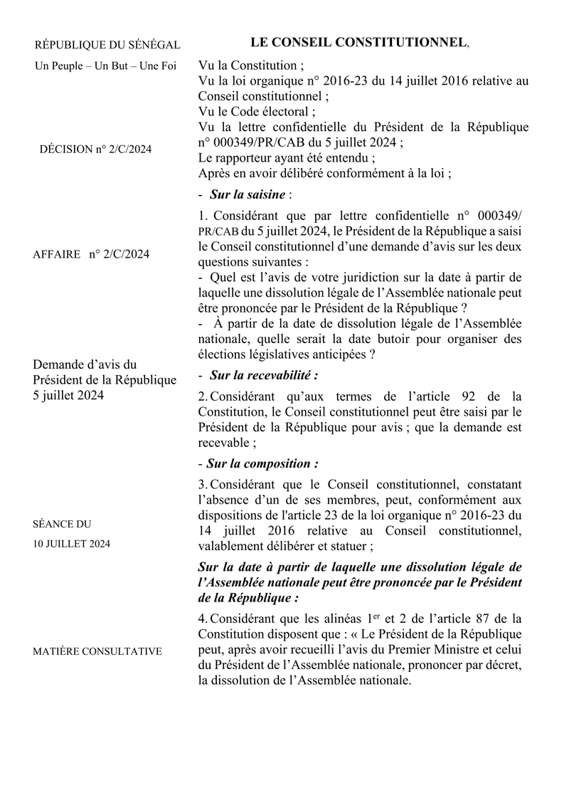 Décision n° 2/C/2024 du 10 juillet 2024 sur la dissolution de l’Assemblée nationale et les élections législatives anticipées – Conseil constitutionnel du Sénégal