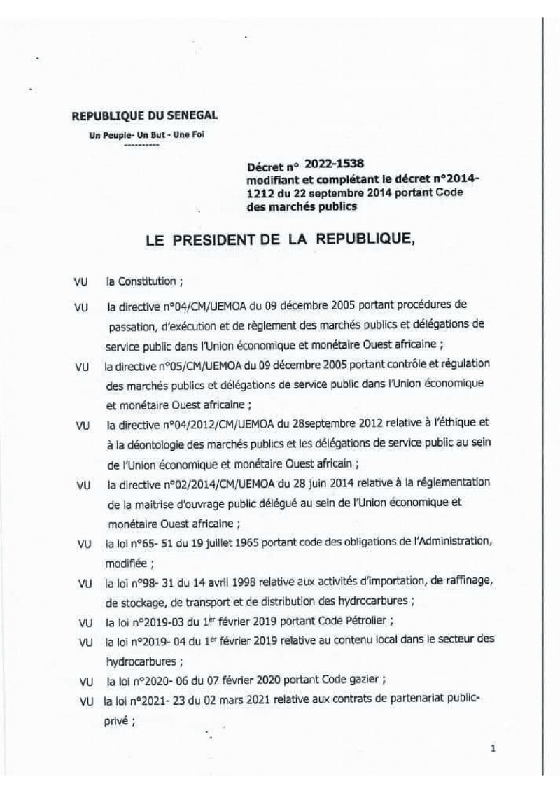 Décret n°2022-1538 modifiant le Code des marchés publics pour certaines sociétés publiques du secteur de l’énergie au Sénégal – Présidence de la République