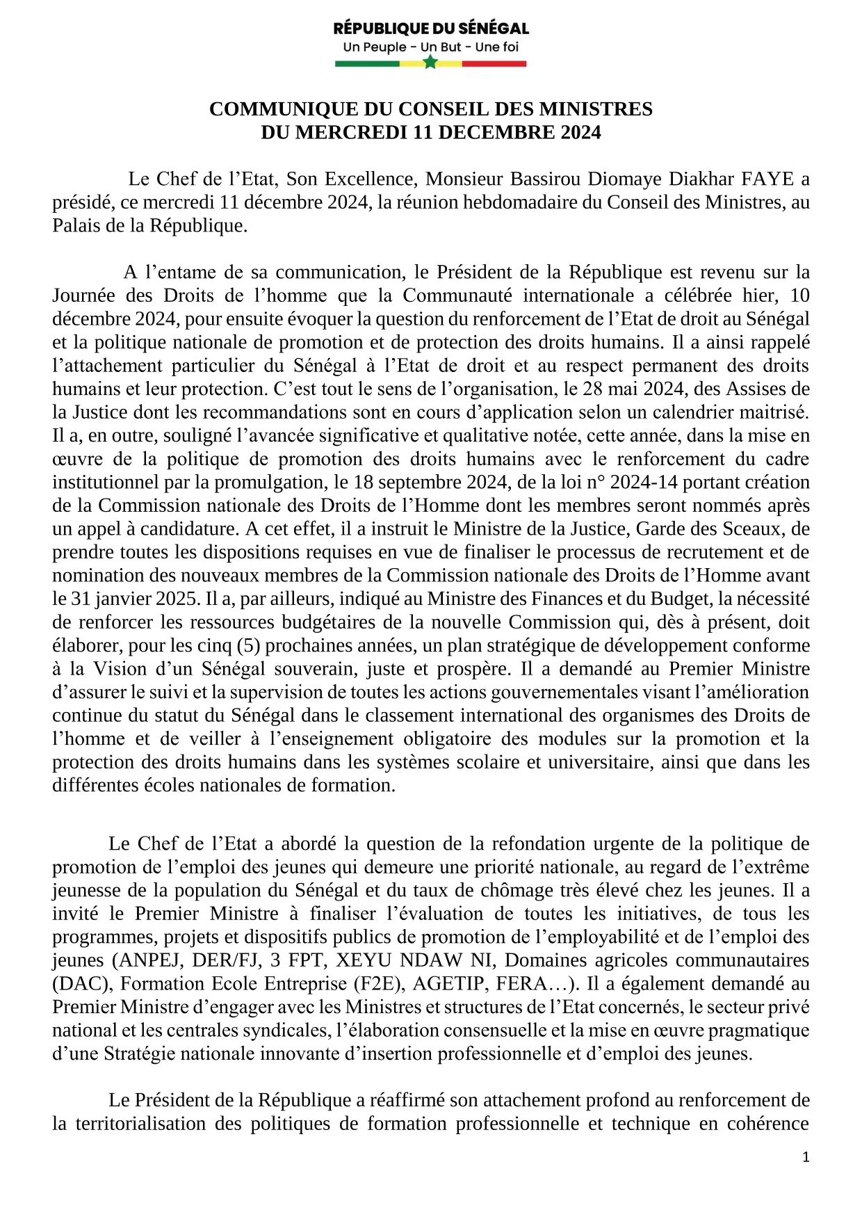 Conseil des ministres du 11 décembre 2024