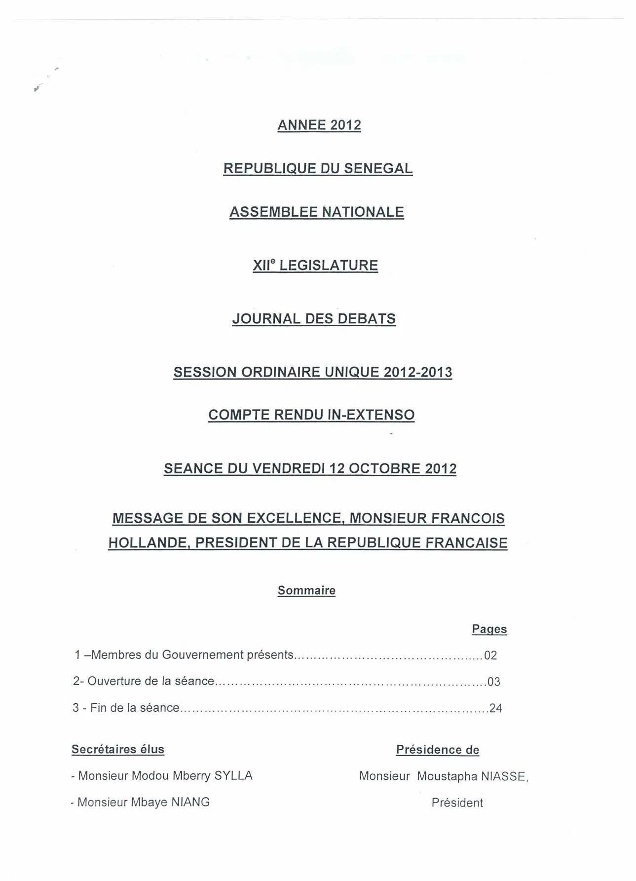 Message de Son Excellence Monsieur François Hollande