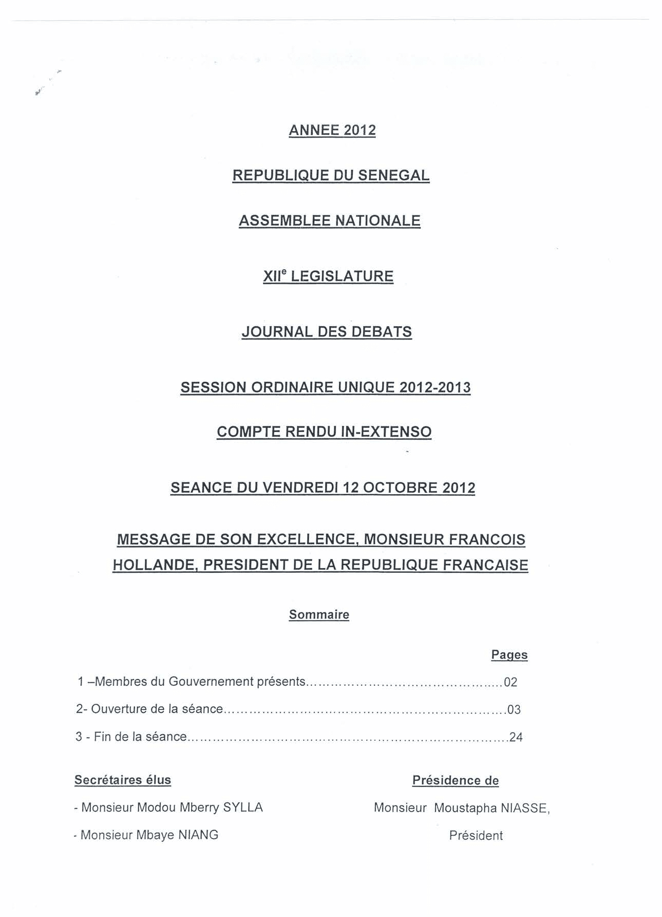 Message de Son Excellence Monsieur François Hollande