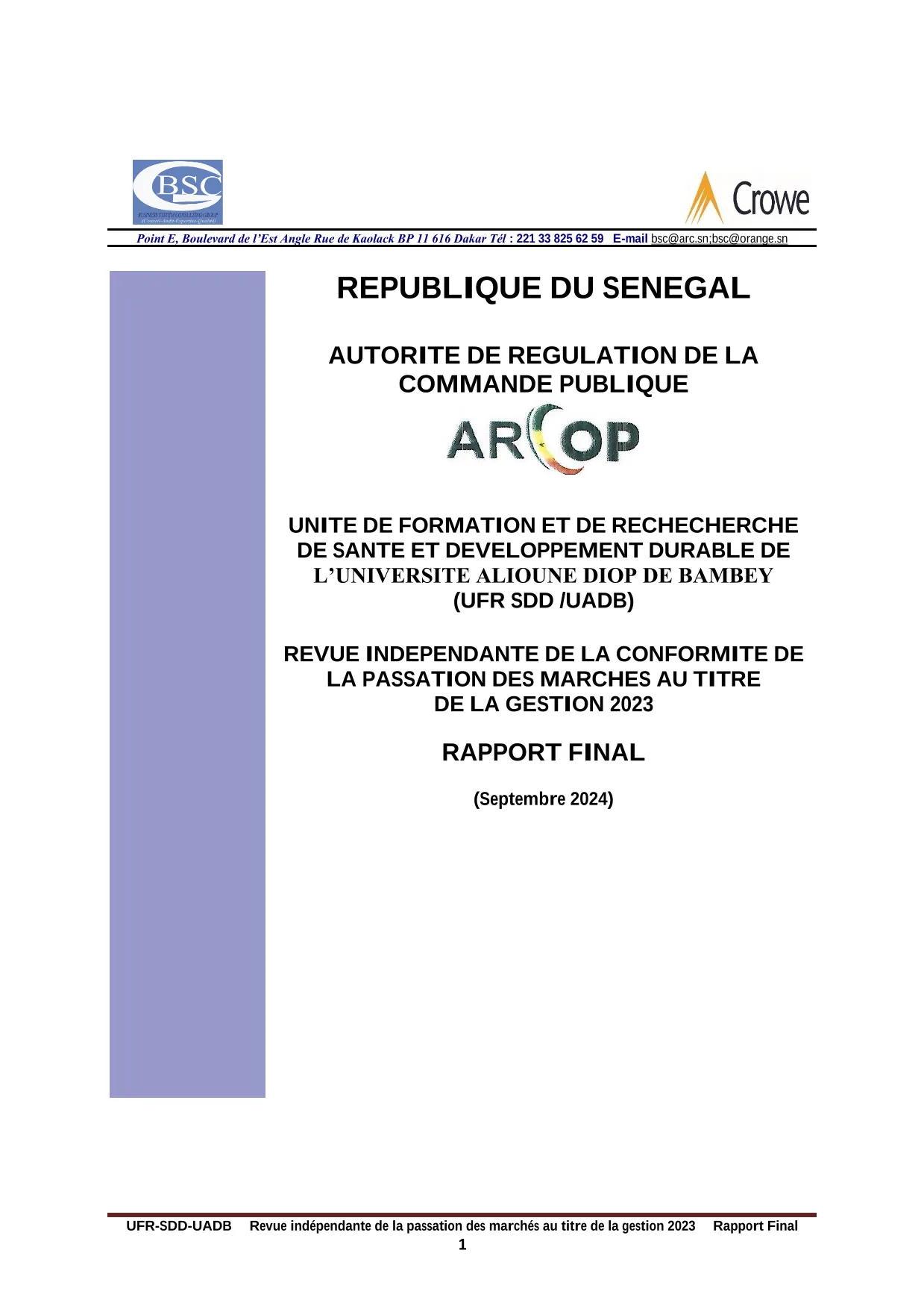 Rapport d’audit de conformité des marchés publics 2023 de l’UFR Santé et Développement Durable de l’Université Alioune Diop de Bambey – ARCOP