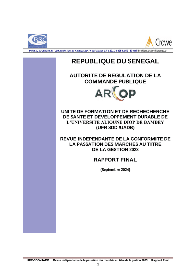 Rapport d’audit de conformité des marchés publics 2023 de l’UFR Santé et Développement Durable de l’Université Alioune Diop de Bambey – ARCOP