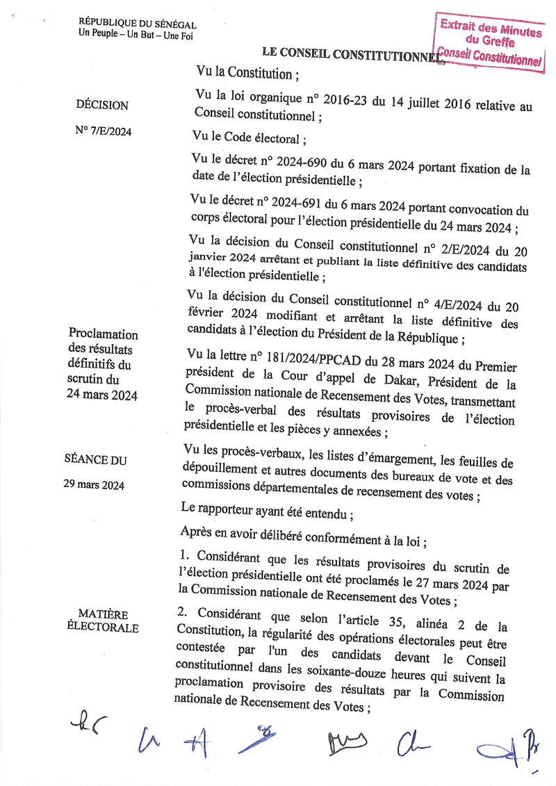 Décision n° 7/E/2024 proclamant les résultats définitifs de l’élection présidentielle du 24 mars 2024 – Conseil constitutionnel du Sénégal
