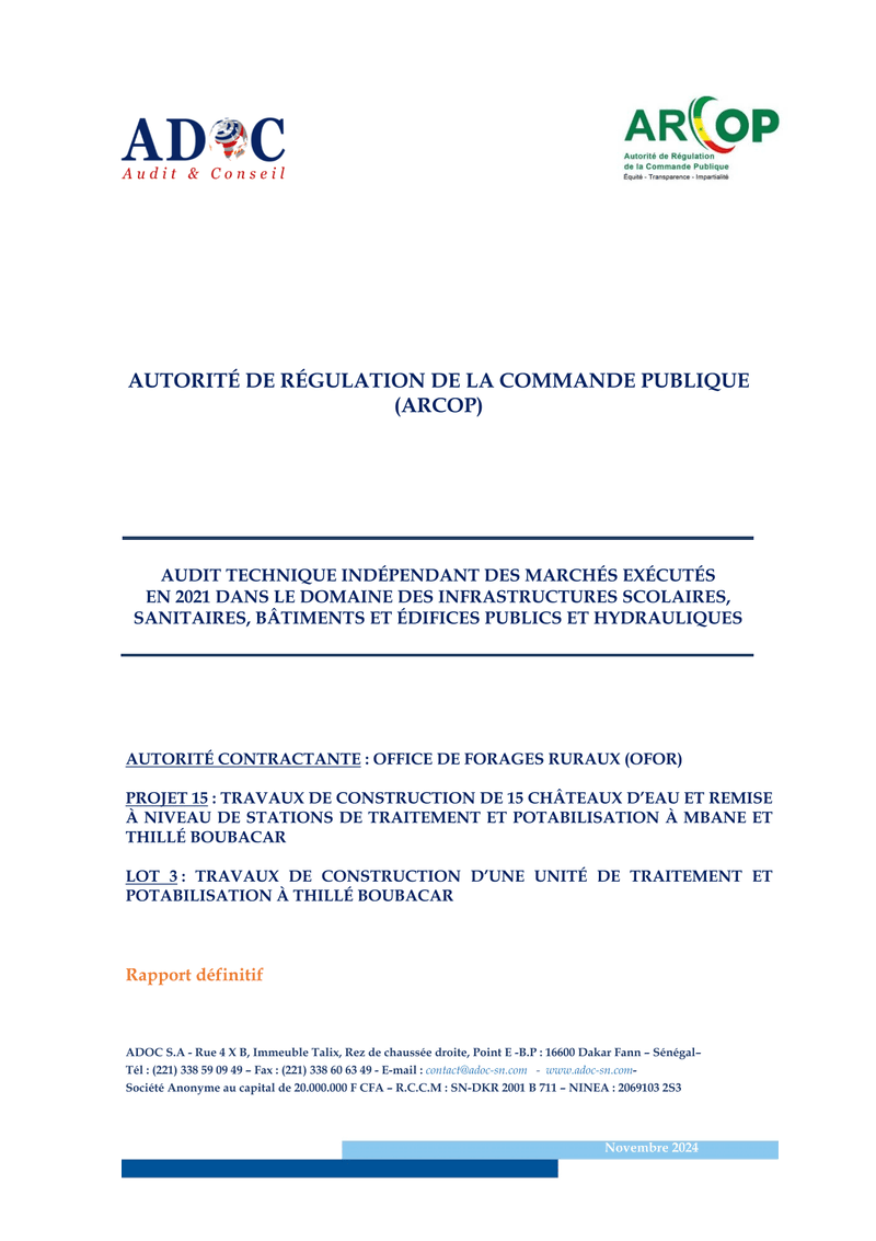 Audit technique du projet OFOR de potabilisation à Thillé Boubacar (Lot 3) – ARCOP