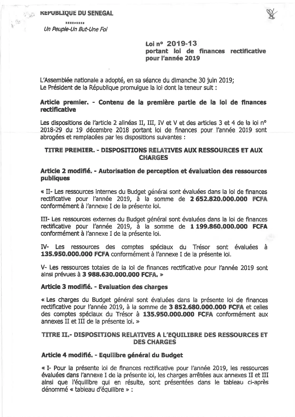 Loi n° 2019-13 portant loi de finances rectificative pour l'année 2019