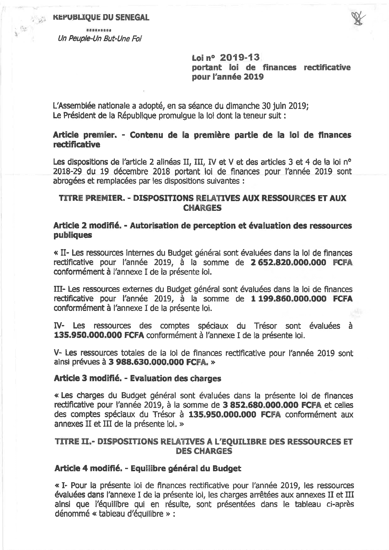 Loi n° 2019-13 portant loi de finances rectificative pour l'année 2019