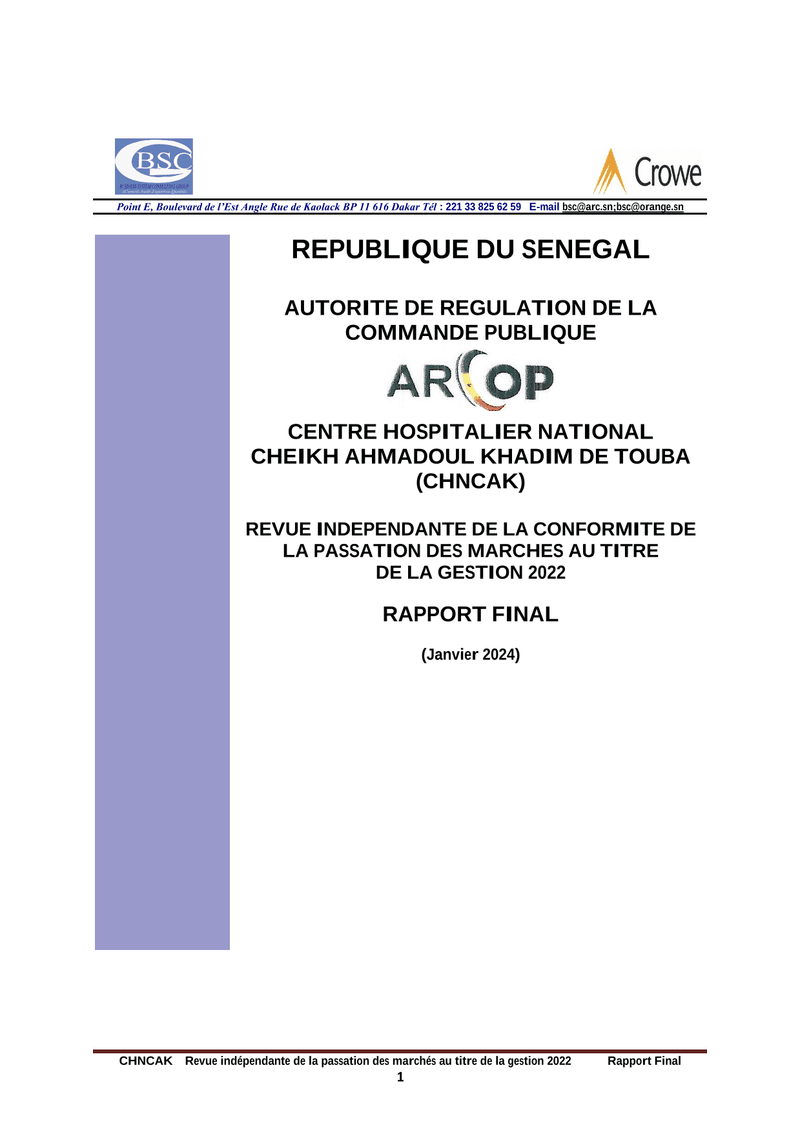 Rapport final d’audit de conformité des marchés publics 2022 du Centre Hospitalier National Cheikh Ahmadoul Khadim de Touba – ARCOP