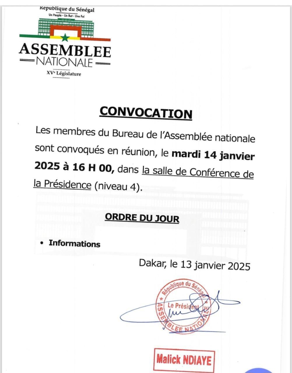 Convocation des membres du bureau et de la conférence des présidents mardi 14 janvier