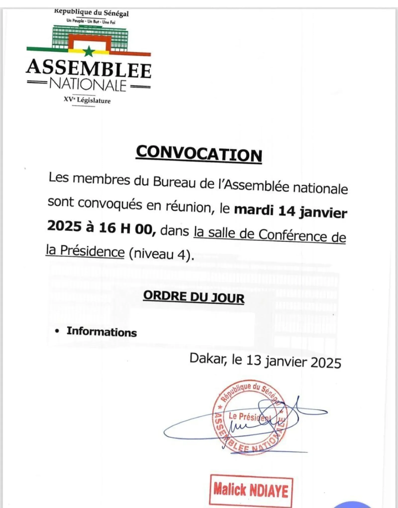 Convocation des membres du bureau et de la conférence des présidents mardi 14 janvier