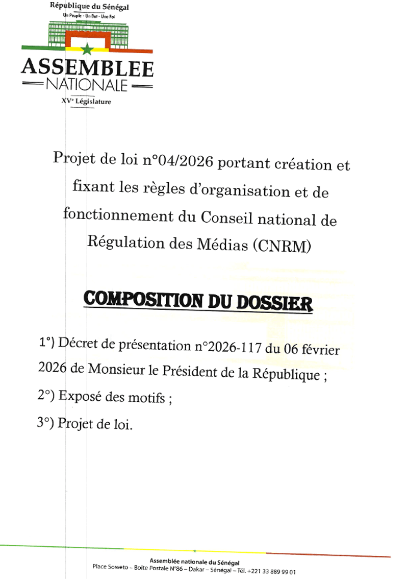 Projet de loi n°04/2026 portant création et fixant les règles d'organisation et de fonctionnement du Conseil national de Régulation des Médias (CNRM)