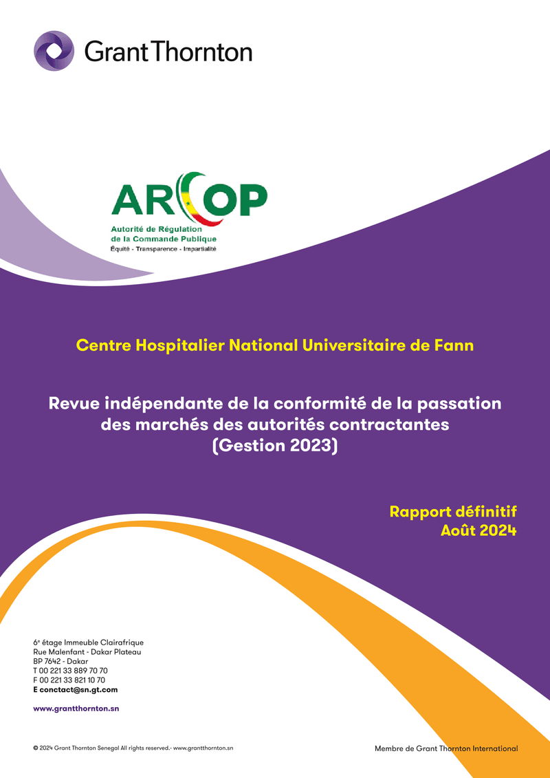 Rapport d’audit de conformité des marchés publics du Centre Hospitalier National Universitaire de Fann pour la gestion 2023 – ARCOP
