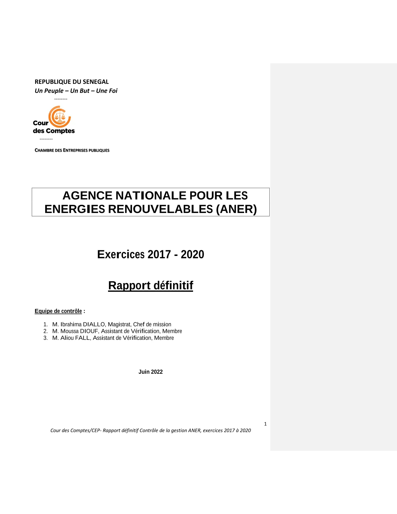 Cour des comptes Rapport contrôle ANER (2017-2020)